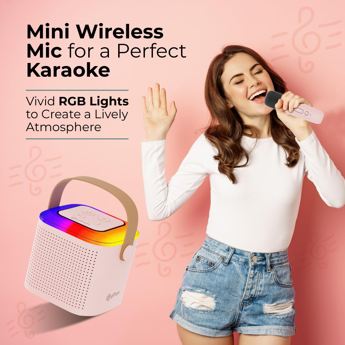 Mini Bluetooth Speaker, Wireless Karaoke Mic, 8Hrs Playtime, Vivid RGB Lights, Voice Effects, Multi-Play Modes BT5.1/TF Card & Type-C Charging Light Pink GenzVybs