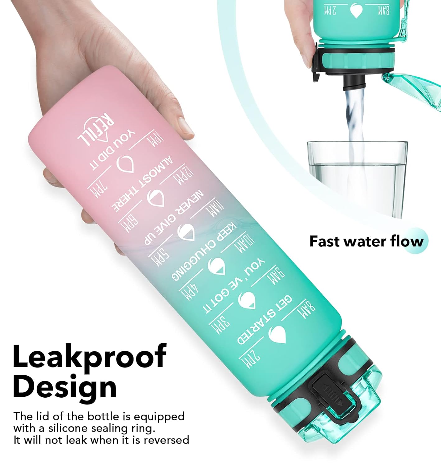 Motivational Fitness Sports Water Bottle Leakproof BPA-Free with Time Marker 1000 ml Bottle Pack of 2, Multicolor, Silicone GenzVybs